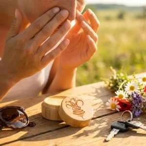 Person applying The Bee Fairy Natural Hayfever & Allergy Barrier Balm from a bamboo pot before spending time outdoors during pollen season.