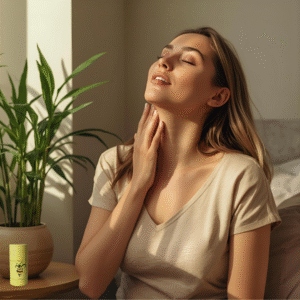 Woman breathing deeply with The Bee Fairy’s Mistkind Breathe Easy Balm – a natural beeswax balm with peppermint, eucalyptus, lavender, pine and frankincense to clear the senses and promote calm breathing.
