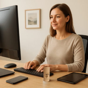Woman working calmly at a desk with The Bee Fairy’s Soft Disconnect Digital Detox Balm – a natural beeswax balm with lavender, frankincense, bergamot, rosemary and cedarwood for relaxation and screen fatigue relief.