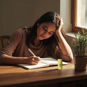 Woman studying at a desk with The Bee Fairy’s Brightmind Focus & Clarity Balm – a natural beeswax balm designed to enhance focus, concentration, and mental clarity.