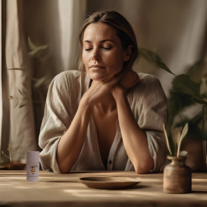 Woman sitting peacefully with The Bee Fairy’s Brightsync Hormonal Balance Balm – a natural beeswax balm with clary sage, geranium, lavender, frankincense and ylang ylang to support calm and emotional balance.
