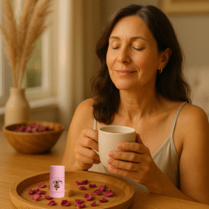 Woman relaxing with a cup of tea beside The Bee Fairy’s Moonkind Menopause Support Balm – a natural beeswax balm with clary sage, geranium, lavender, frankincense and ylang ylang to support calm and hormonal balance.