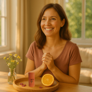 Woman relaxing with The Bee Fairy’s Brightling Mood Boost Balm – a natural beeswax balm with uplifting essential oils for emotional balance and positivity.