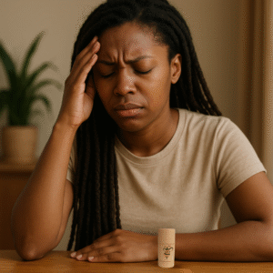 Woman sitting at a table with one hand on her head, showing mild headache discomfort, beside The Bee Fairy’s Target Headache Balm in an apricot yellow tube – a natural beeswax balm with peppermint, lavender, and rosemary for soothing relief.