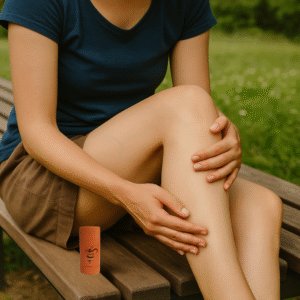 Woman sitting outdoors on a park bench massaging her calf with The Bee Fairy’s Pain Relief Balm – a natural beeswax balm with cayenne, arnica, and essential oils for warming comfort and muscle relief.
