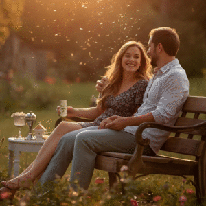 Couple sitting outdoors in the evening surrounded by soft light, with The Bee Fairy’s Insect Repellent Balm – a natural beeswax balm with citronella, lemongrass, geranium, lavender and peppermint for gentle insect protection.