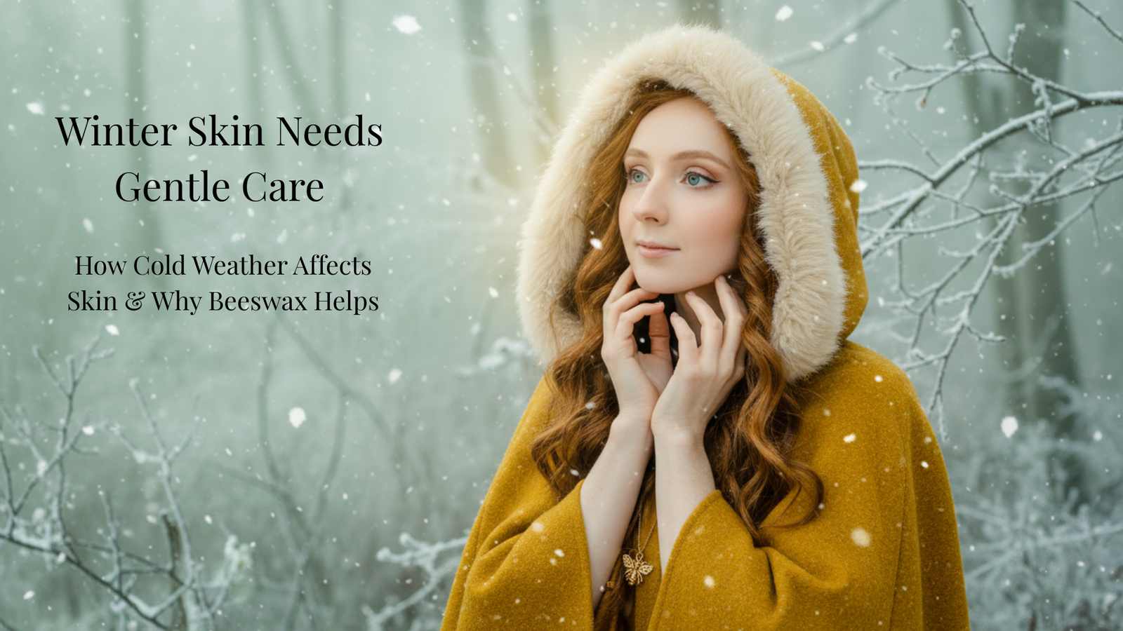 The Bee Fairy wearing a yellow fur-hooded cloak standing in a snowy winter woodland scene.