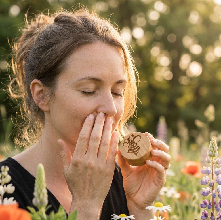 Woman applying Bee Fairy natural beeswax hay fever barrier balm around the nostrils in a wildflower meadow during pollen season.