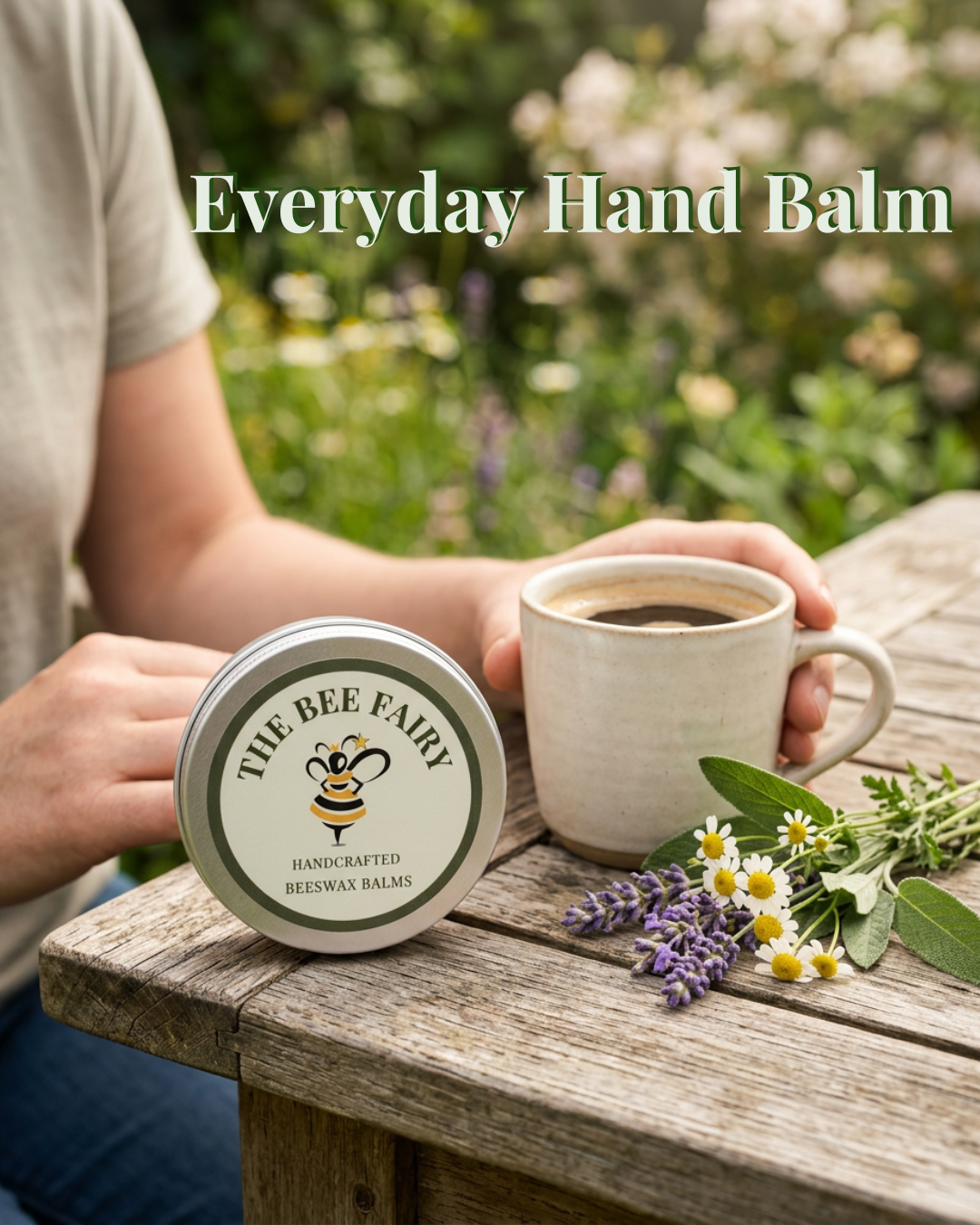 Everyday Hand Balm in reusable tin with natural beeswax skincare setting