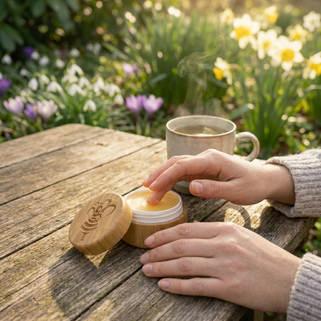 Natural beeswax hand balm being applied for everyday hand care in a garden setting