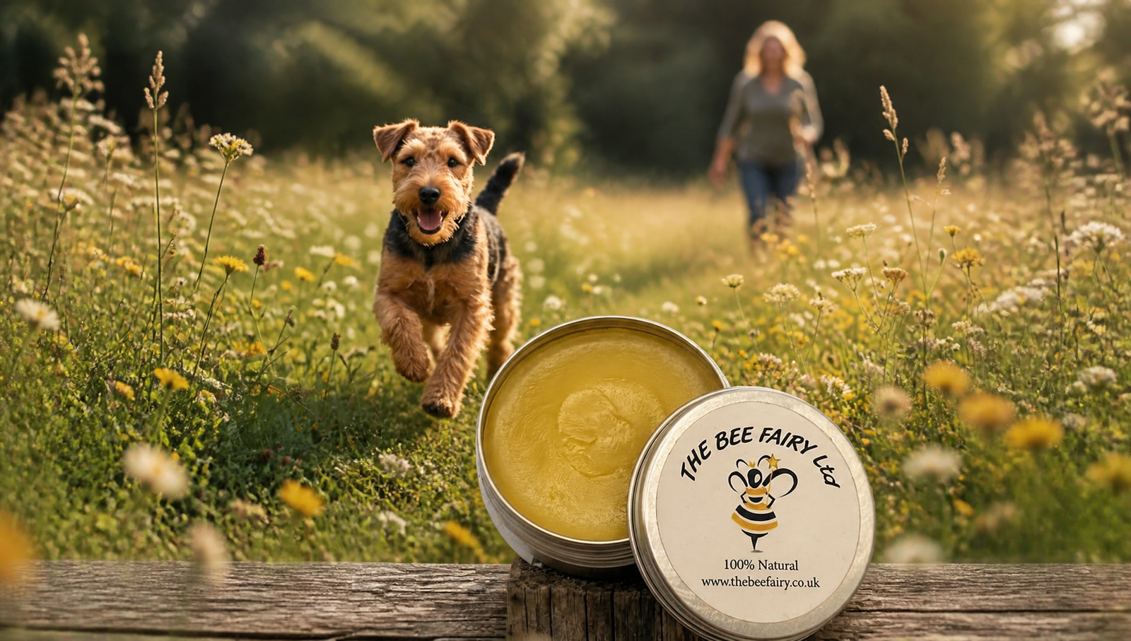 Natural Bee Fairy beeswax dog balms for paw, nose and skin care, pictured with a dog running through a wildflower meadow.