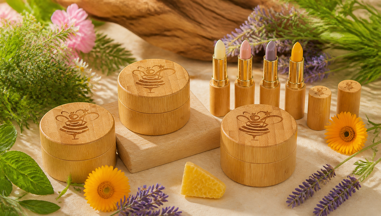 The Bee Fairy natural beeswax skincare guide featuring bamboo balm jars and lip balms