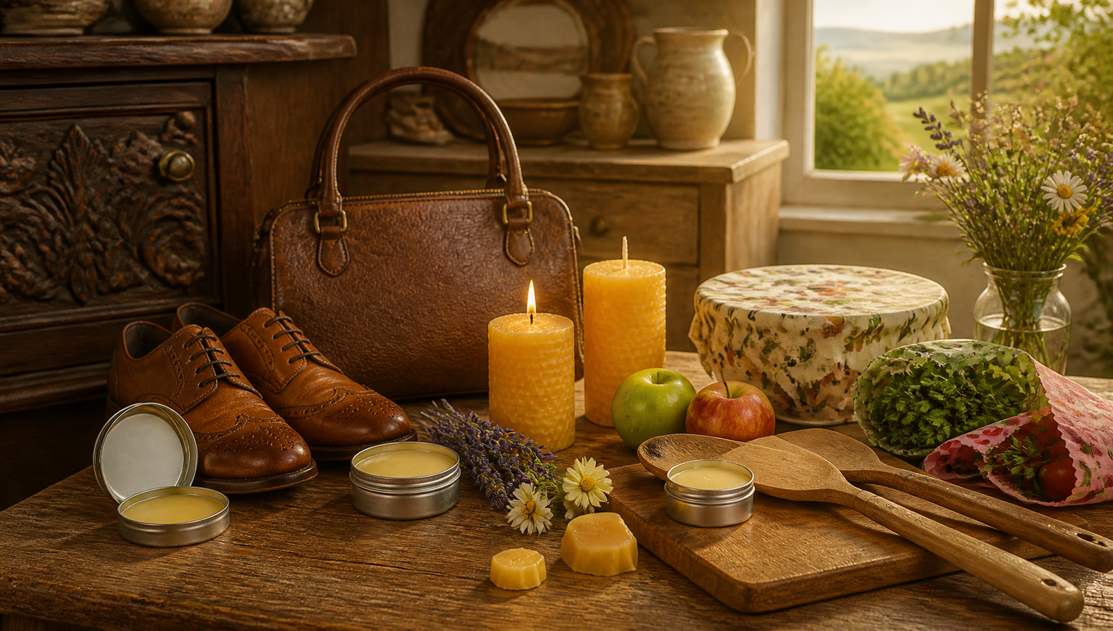 Natural beeswax household products by The Bee Fairy, including furniture polish, leather conditioner, food-safe wood polish, reusable food wraps and handmade beeswax candles.